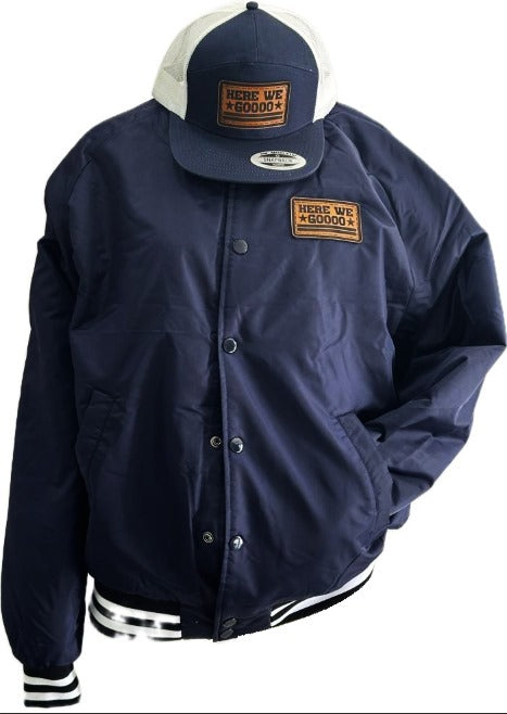 Leather Collection -  Combo Bomber Jacket & Navy Cap - Here We Goooo Leather Patch - Derty Sports